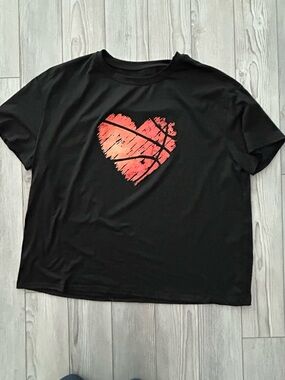 Black Tee with Red-Orange Basketball Heart Graphic